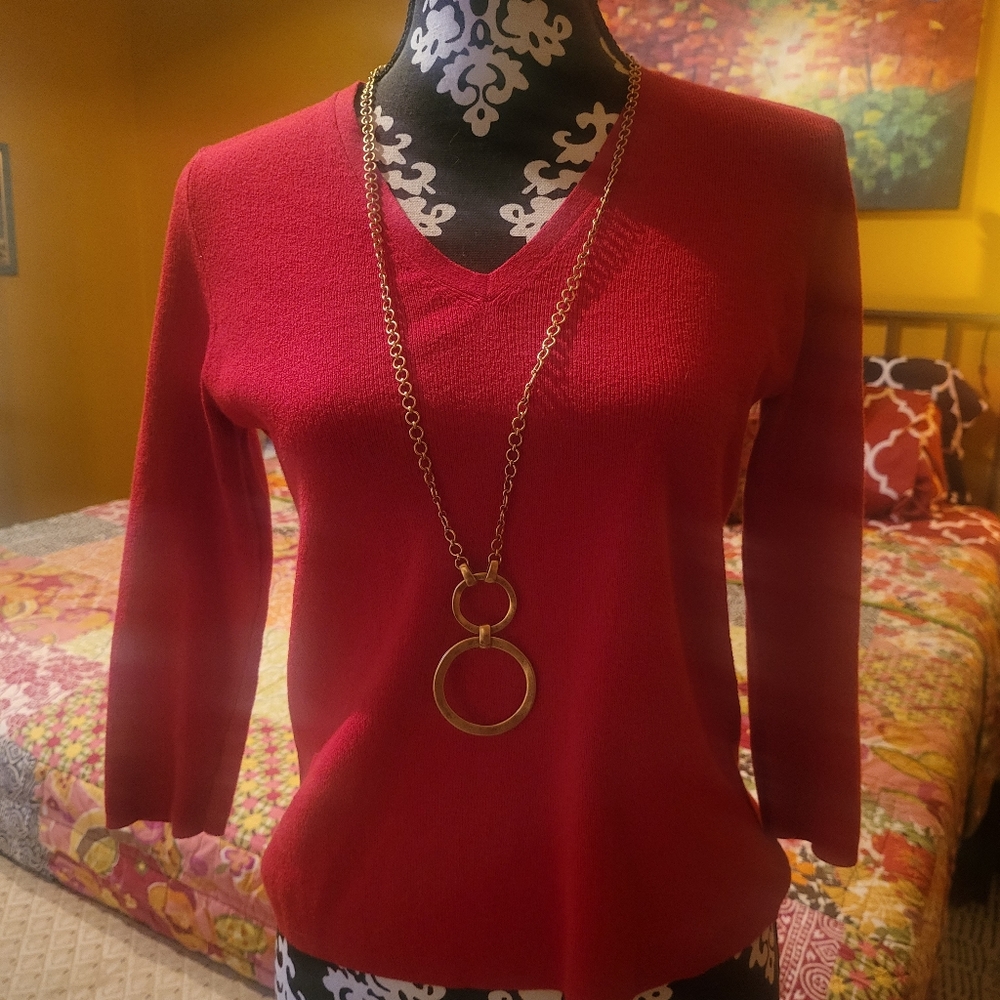 Express red 3/4 sleeve v-neck lightweight stretch sweater